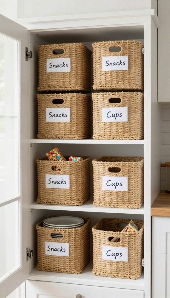 Open low kitchen cabinet with labeled woven bins for kids' snacks and plates, natural light.