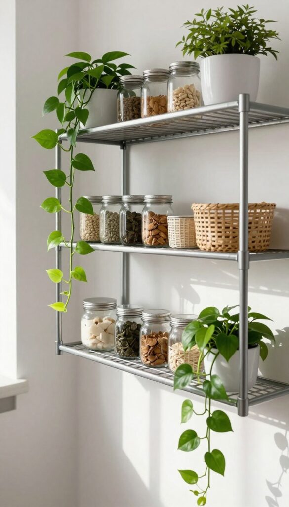 A small trailing pothos plant on a top wire shelf in a clean, modern pantry with natural light.