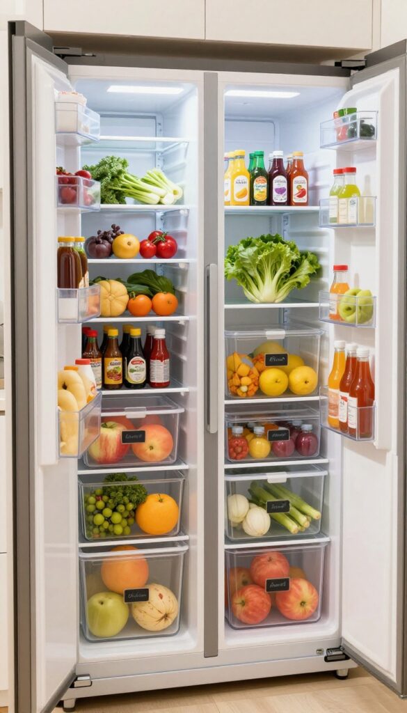 Organized fridge interior with clear bins grouping food items by zone, bright natural light, photorealistic style.
