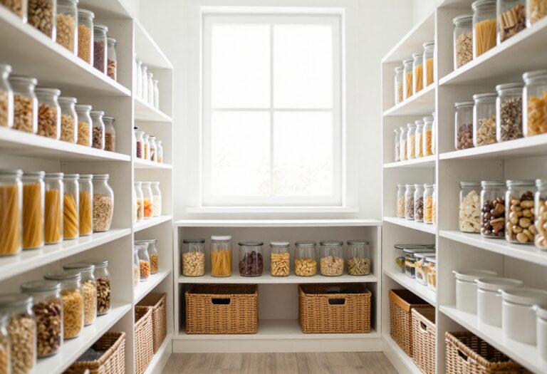 A well-organized pantry with clear jars, baskets, and tiered racks on shelves.