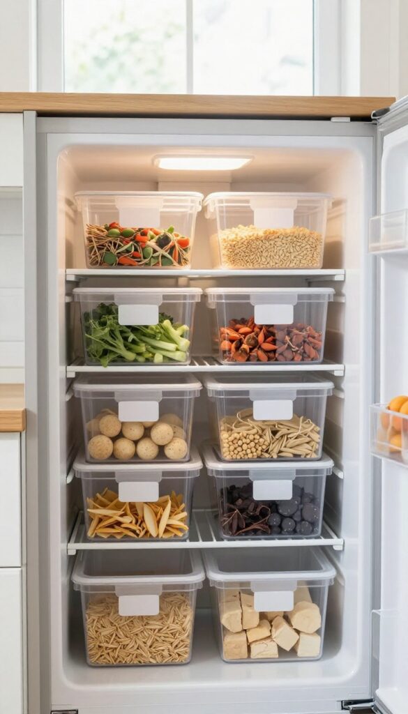 Clear labeled bins in fridge and pantry for organized kitchen storage