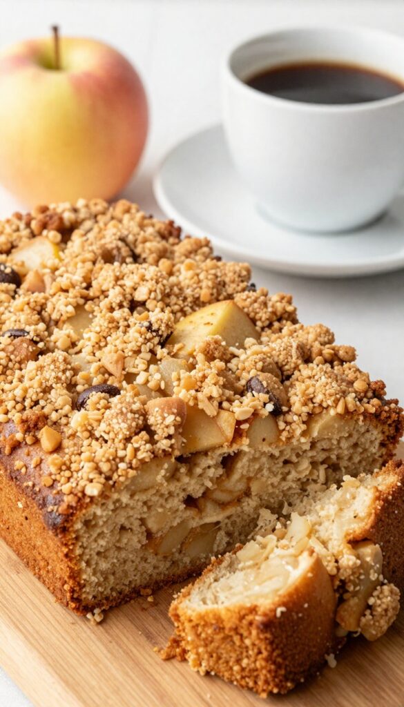 Apple cinnamon coffee cake with streusel topping on a wooden board with coffee and apples.