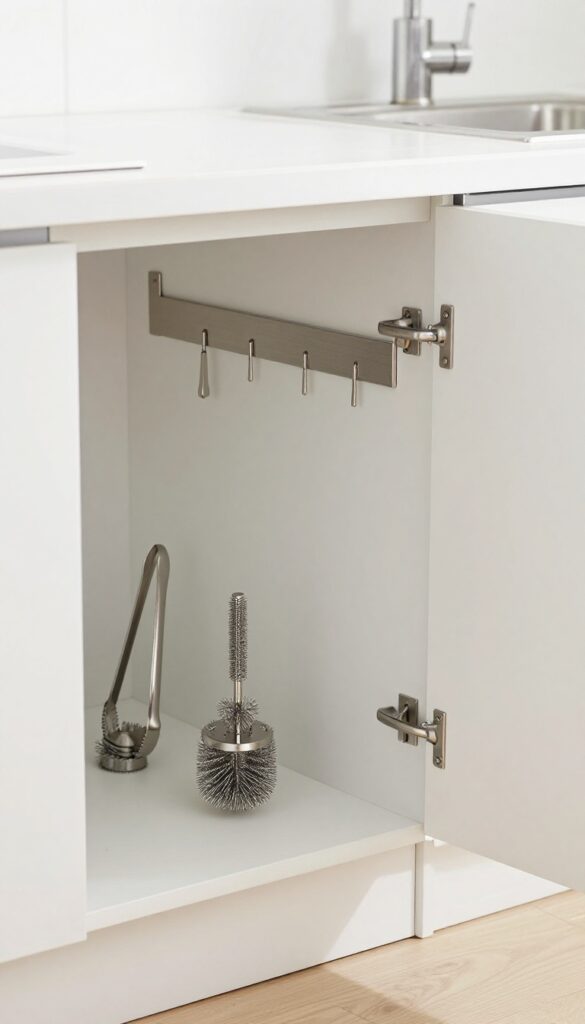 Under sink cabinet with magnetic strip holding metal cleaning tools