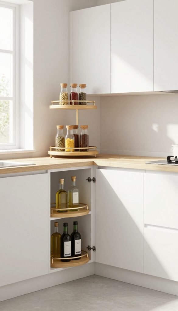 Open corner cabinet with bamboo lazy Susan holding spices and oils in glass jars