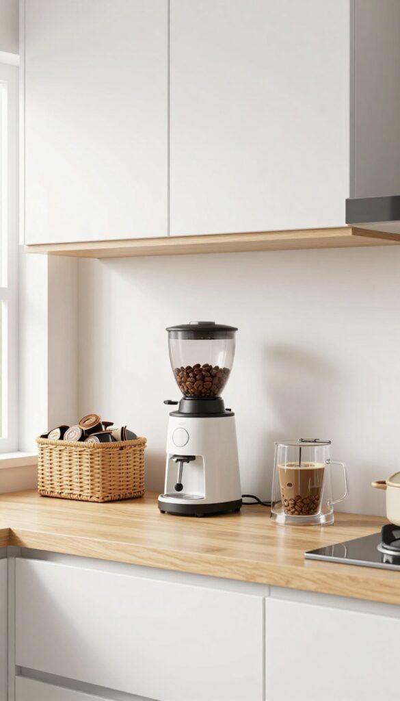 Under-cabinet shelf with coffee grinder and toaster, clear counter space, bright kitchen
