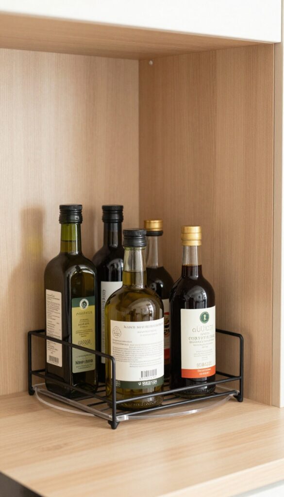 A clear acrylic lazy Susan on a black wire shelf in a corner pantry, holding bottles of oil and vinegar, with natural light.