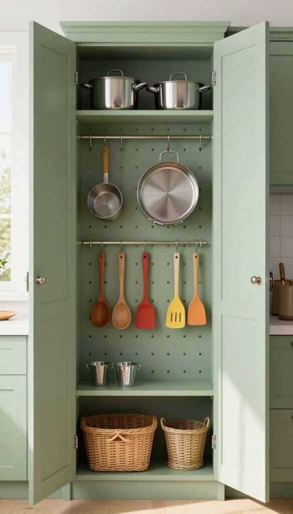 DIY pegboard wall inside a kitchen closet with hooks and shelves holding pots, utensils, and baskets for hidden storage.