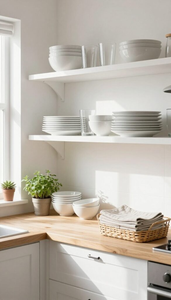 Open shelving in a kitchen with white dishes, glassware, a wooden cutting board, and a potted herb, styled with a woven basket and natural light.