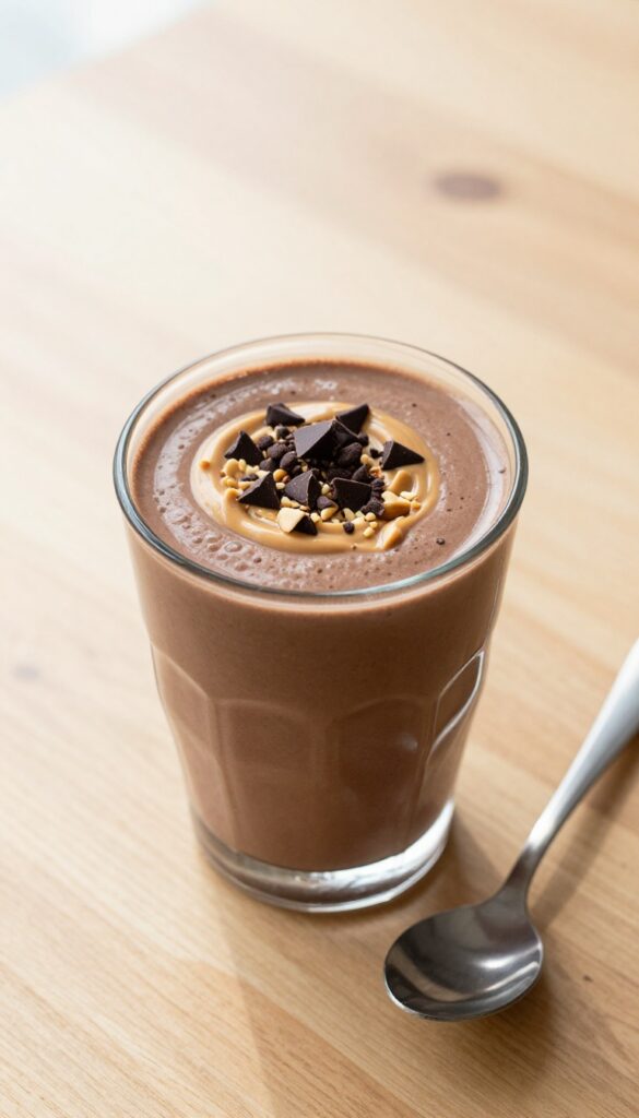 Chocolate peanut butter smoothie in a glass with dark chocolate chips and almonds on a wooden table
