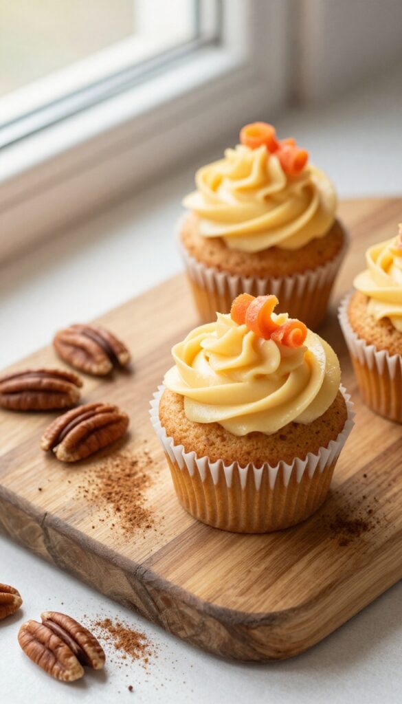 Gluten-free carrot cake cupcakes with honey buttercream frosting on a wooden board.