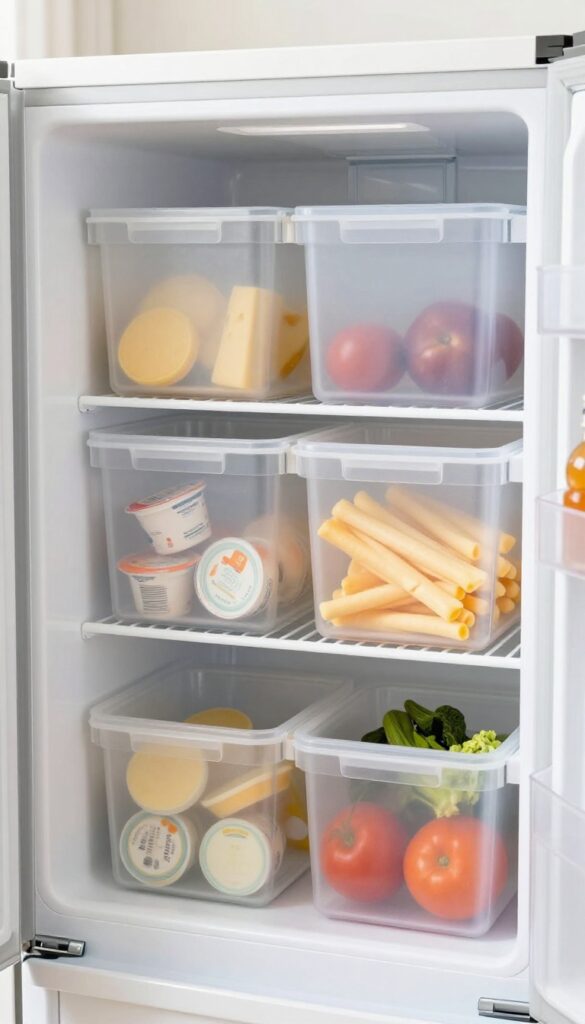 Dorm fridge with clear bins organizing yogurts, cheese sticks, and pre-cut vegetables, bright natural light, clean and cozy.