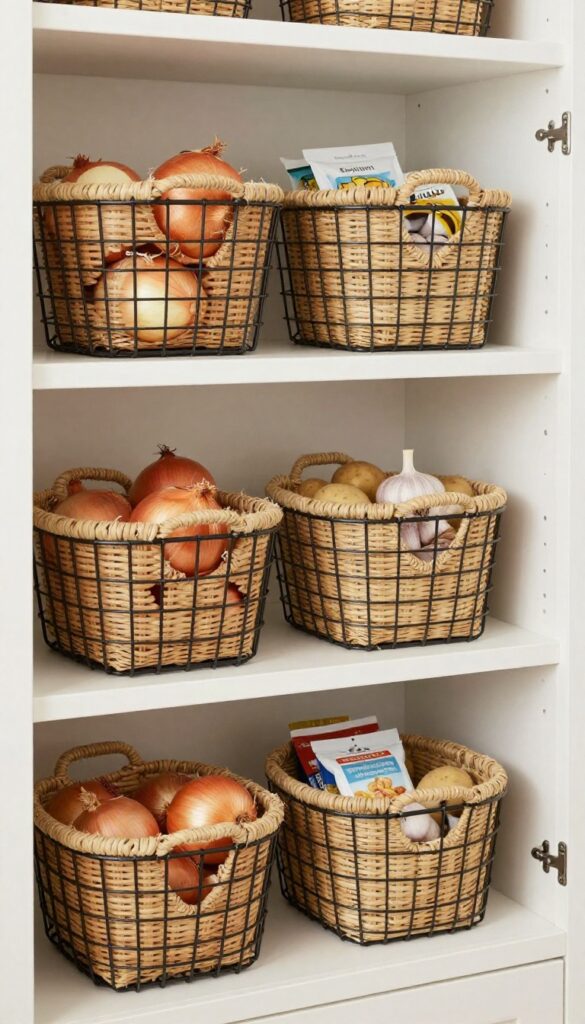 Deep pantry shelf with woven baskets and wire bins containing onions, potatoes, garlic, and snack packets, handles visible, bright natural light.