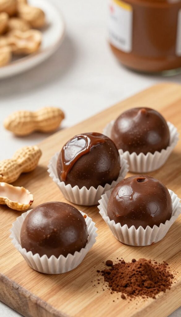 Three frozen peanut butter fudge bites in paper liners on a wooden board with peanuts and cocoa powder.