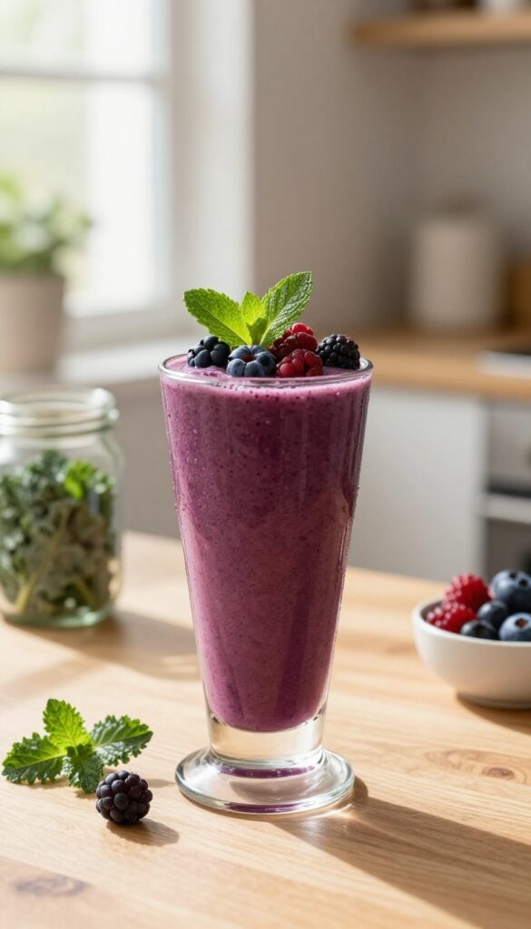 A glass of deep purple berry vanilla kale smoothie garnished with fresh berries and mint on a wooden table in natural light