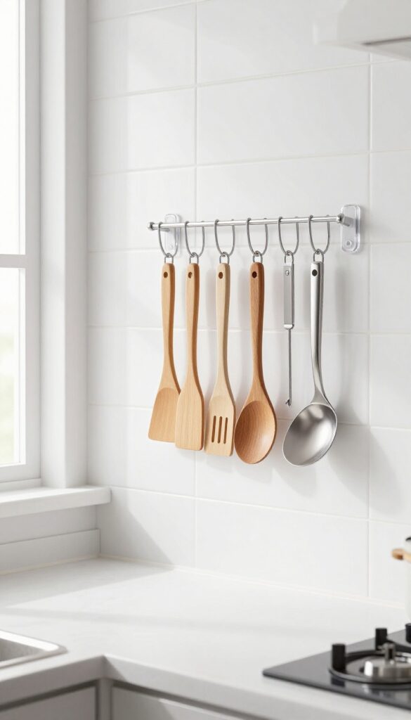 Command hook utensil holder on wall in small kitchen