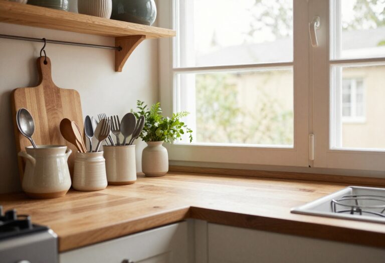 Warm kitchen with organized utensils in a ceramic crock and hanging rail, natural light, cozy vibe
