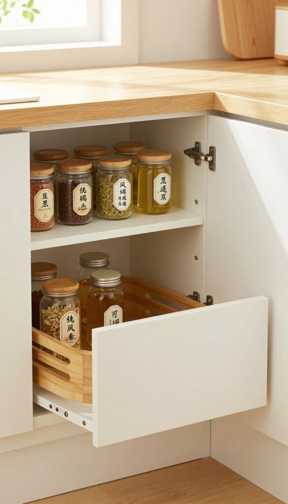Open corner cabinet with bamboo lazy Susan organizing spices and oils in glass jars