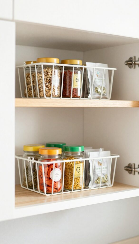 Under-shelf wire basket holding spices in an upper kitchen cabinet