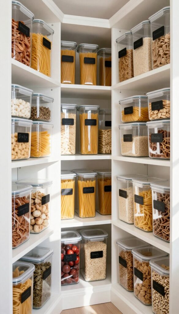 Narrow pantry with clear containers neatly organized on white shelves, creating a uniform and calm look.