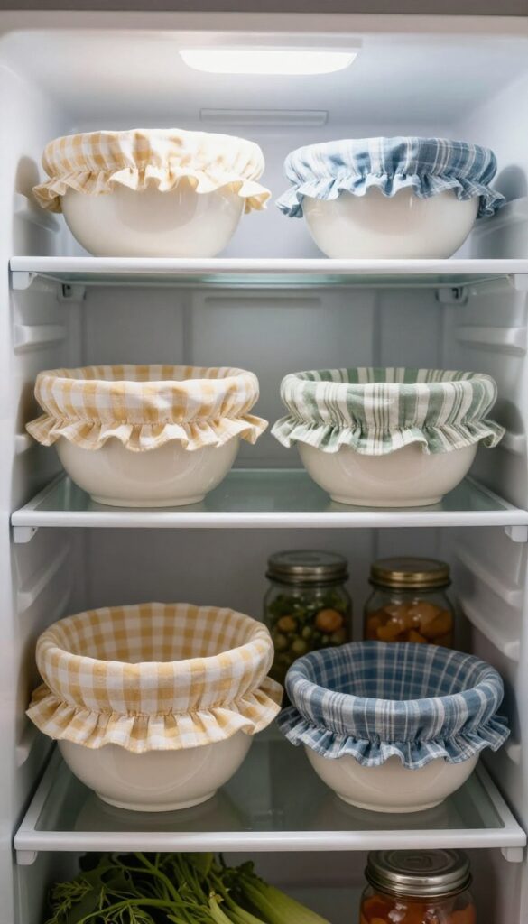 Open refrigerator with ceramic bowls covered in soft fabric bowl covers in gingham and stripe patterns