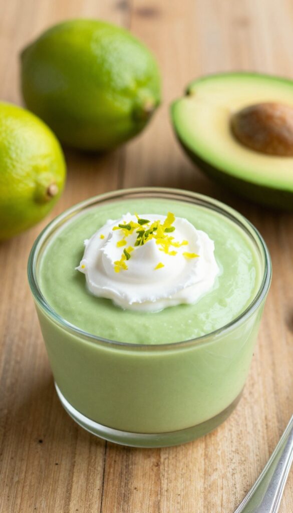 Keto key lime avocado pie cup with whipped cream and lime zest on wooden table