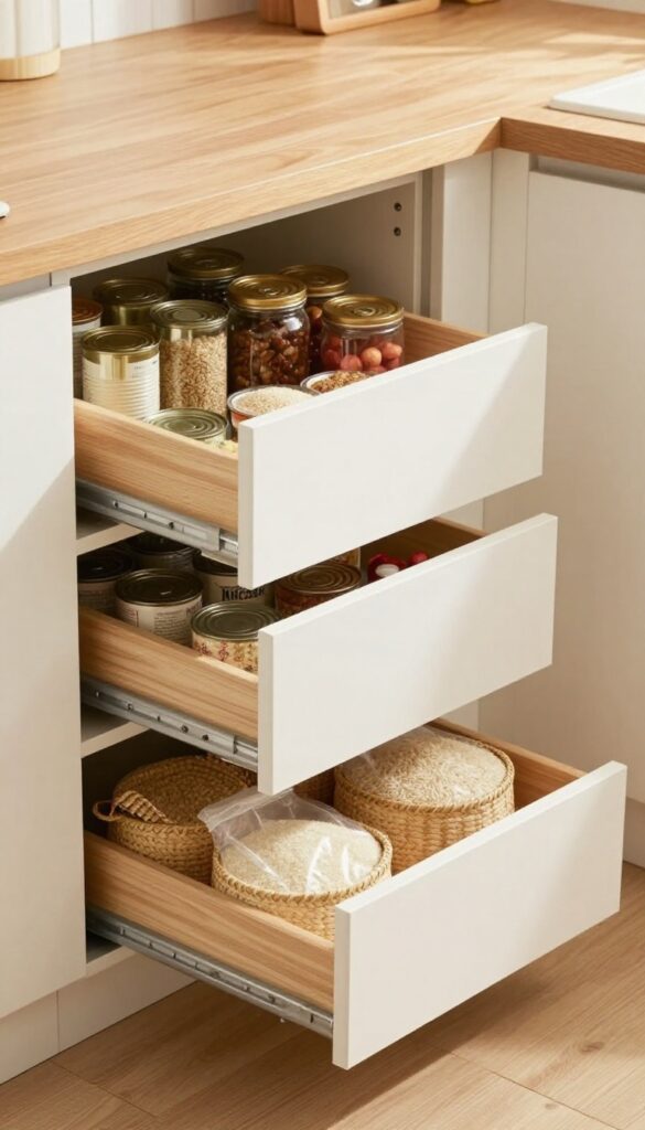 Pull-out drawer in lower pantry cabinet with organized canned goods and bulk bags