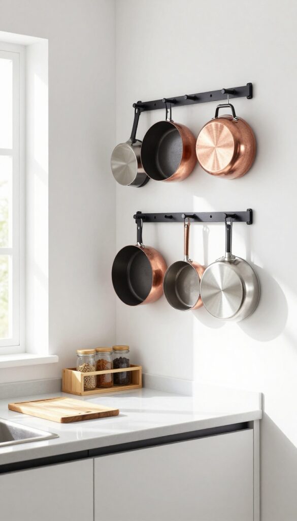 Pegboard wall in a small kitchen holding pots and pans, with natural light and clean composition.