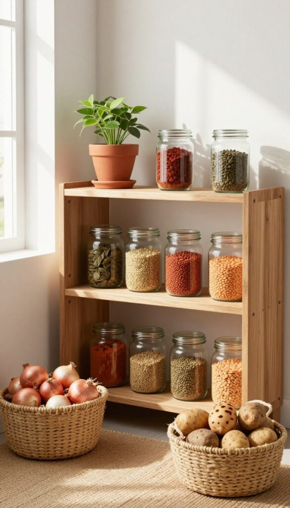 Indian pantry with a small money plant on a shelf and a woven mat beneath baskets, warm and inviting.