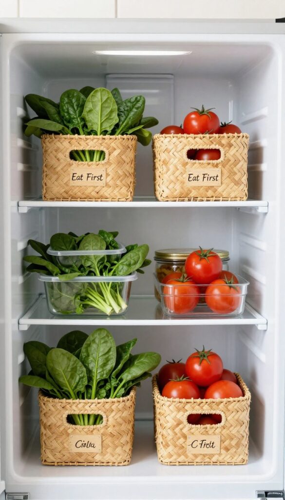 A fridge shelf with a woven bin containing fresh produce and leftovers, ready to be eaten first.