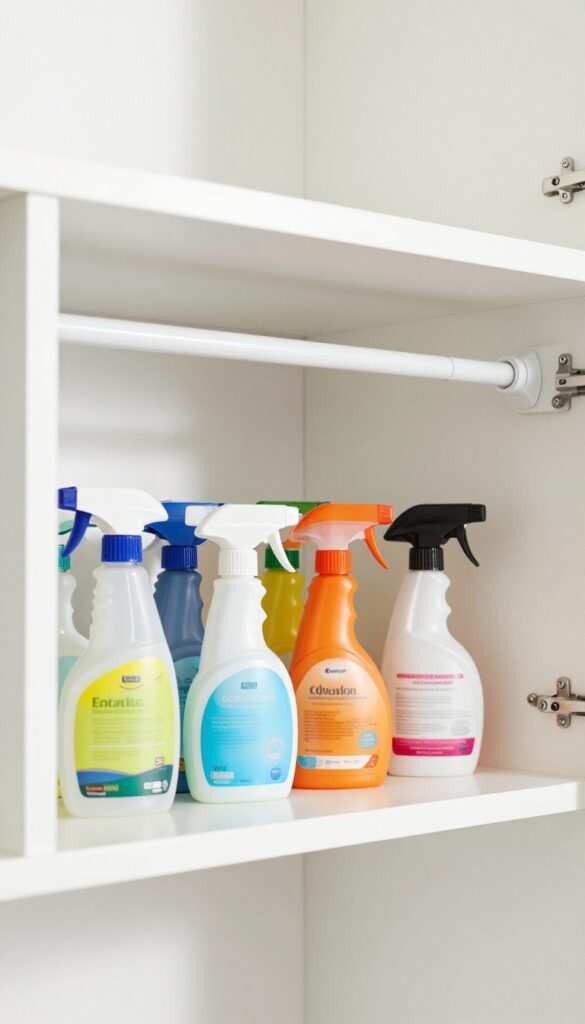 Spray bottles hanging from a tension rod under a kitchen sink