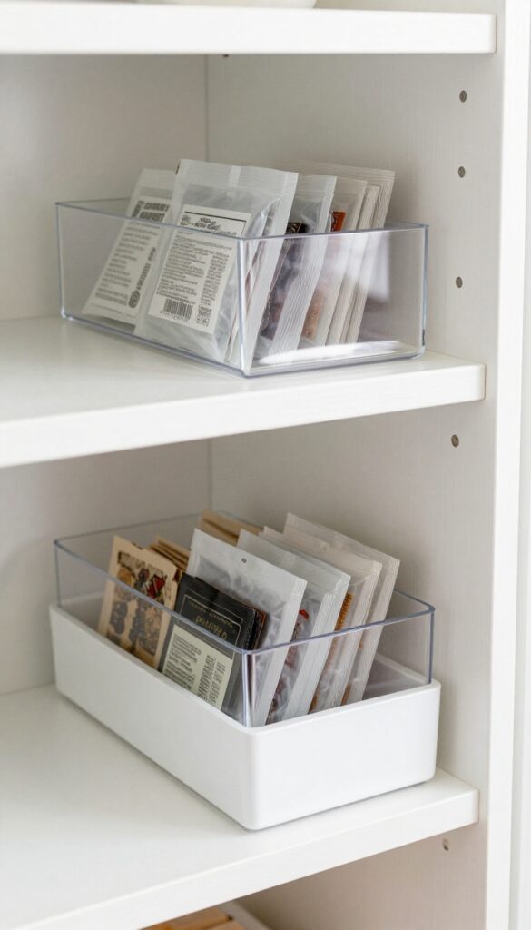 Slim clear slide-out bins on a narrow pantry shelf, filled with upright spice packets and sauce pouches, bathed in natural light.