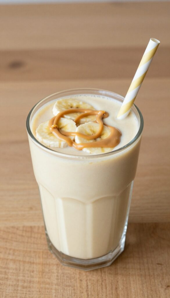 Creamy banana peanut butter smoothie in a glass on a wooden table