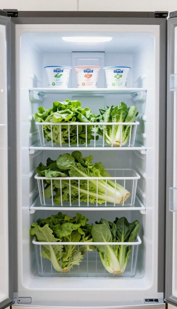 White wire basket used as vertical divider in refrigerator, holding leafy greens and yogurt cups