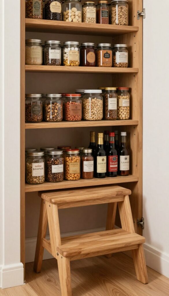 A wooden step stool used as tiered shelving in a narrow pantry, with cans and jars arranged on its steps for easy access.