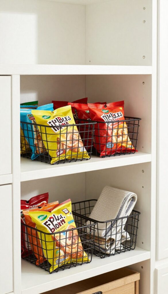 Under-shelf wire baskets holding snacks and tea towels in a bright, organized pantry