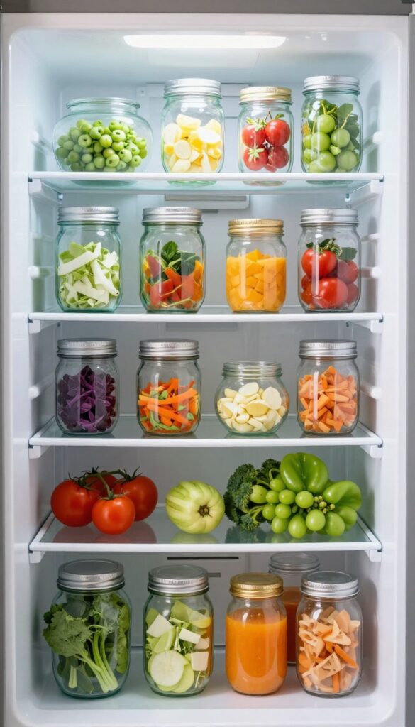 Mason jars filled with leftovers and prepped ingredients neatly arranged on a wooden shelf inside a bright refrigerator.