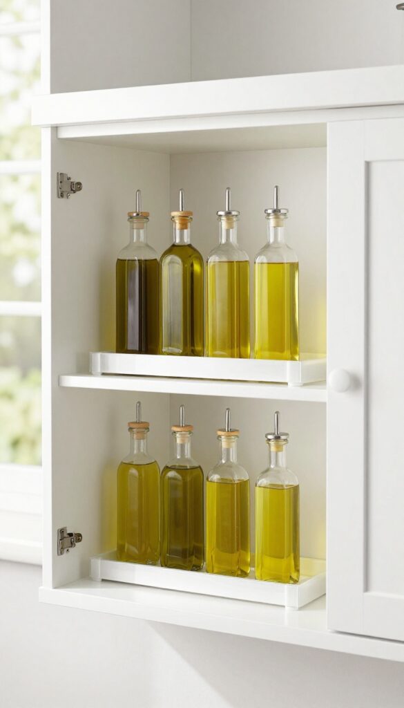 Open corner cabinet with clear acrylic lazy Susan holding matching glass bottles of oil and vinegar, bright natural light, organized and airy.