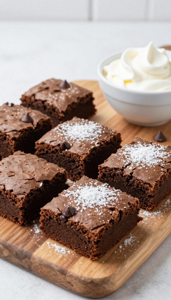Coconut flour keto brownies on a wooden board with whipped cream