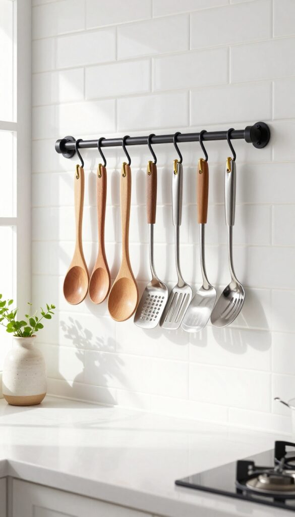 Kitchen with wall-mounted rail system holding utensils, clean and organized countertop