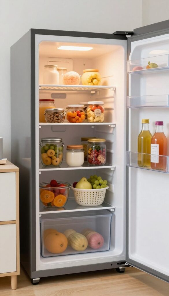 Open dorm fridge with warm LED strip lighting inside, showing organized jars and baskets.