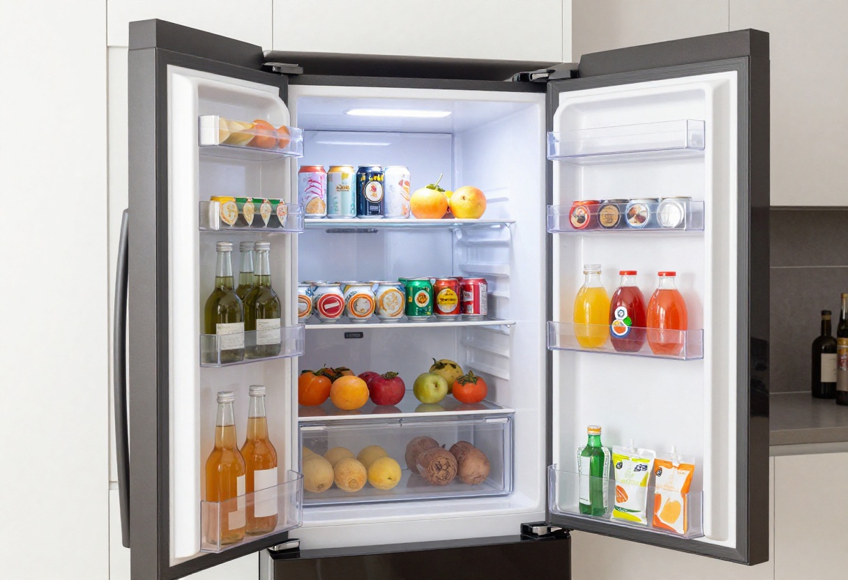 Open drink fridge with neatly arranged cans, bottles, and juice pouches on clear shelves, soft lighting, modern kitchen setting.