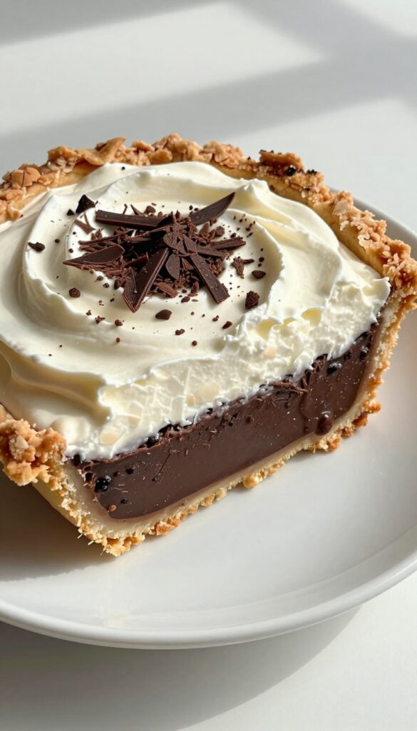 Slice of coconut chocolate cream pie with whipped coconut cream and shaved dark chocolate on a white plate