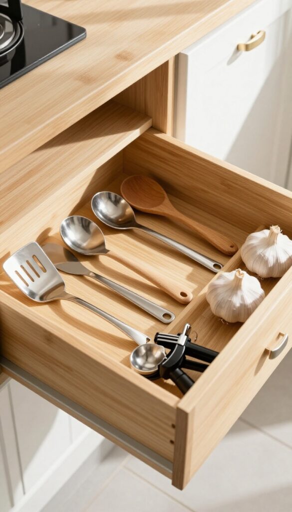 Organized kitchen drawer with bamboo dividers separating utensils and gadgets, bright natural light