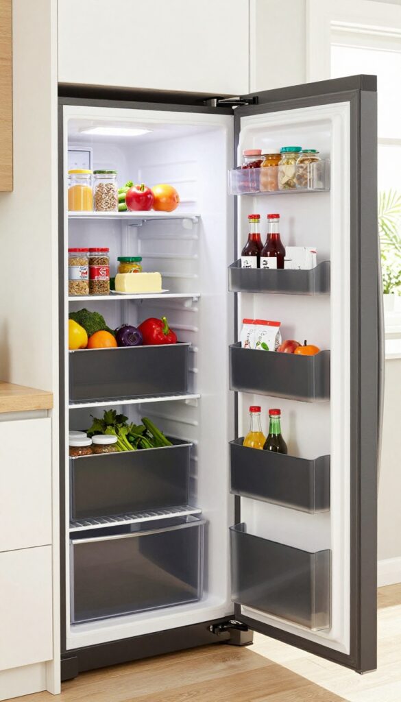 Open French door refrigerator with magnetic organizers on the doors holding spices and condiments, bright kitchen interior.