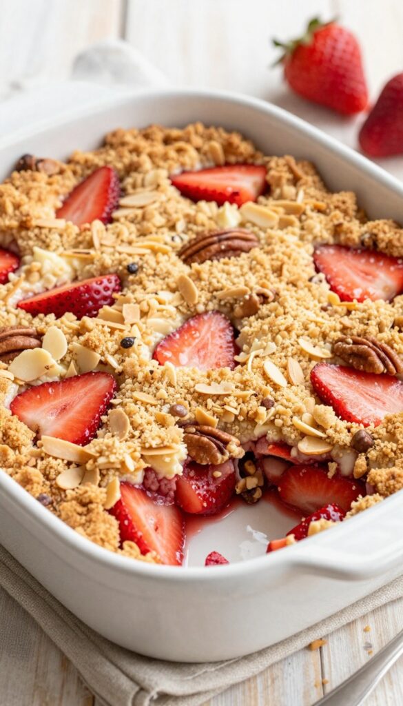 Golden brown keto strawberry crisp in a ceramic dish with pecan crumble topping, fresh strawberries, and steam rising, on a wooden table.