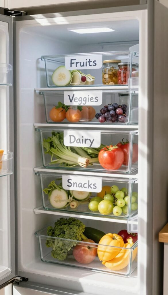 Kitchen fridge organized with labeled chalk and dry-erase bins in natural light