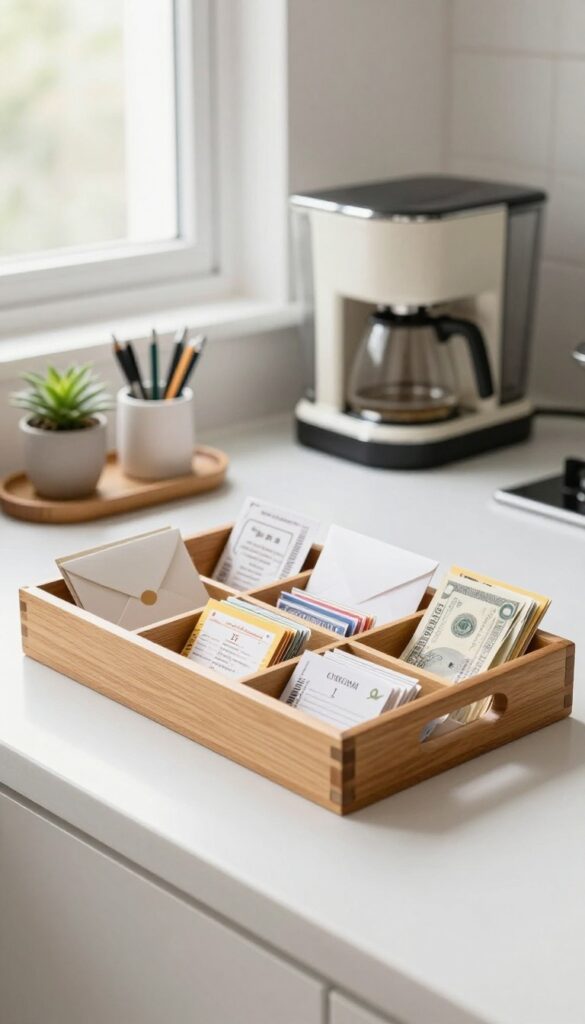 Wooden cutlery tray on kitchen counter sorting mail into compartments, with pens and a small plant beside it, bright natural light.