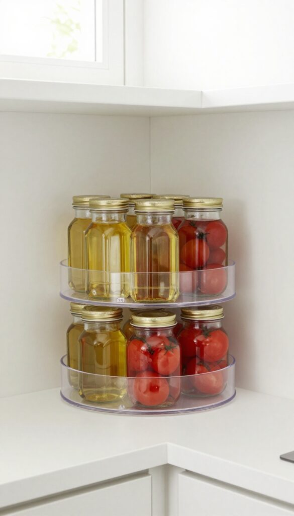 Clear acrylic lazy Susan on a pantry corner shelf with neatly arranged jars and cans, illuminated by natural light.