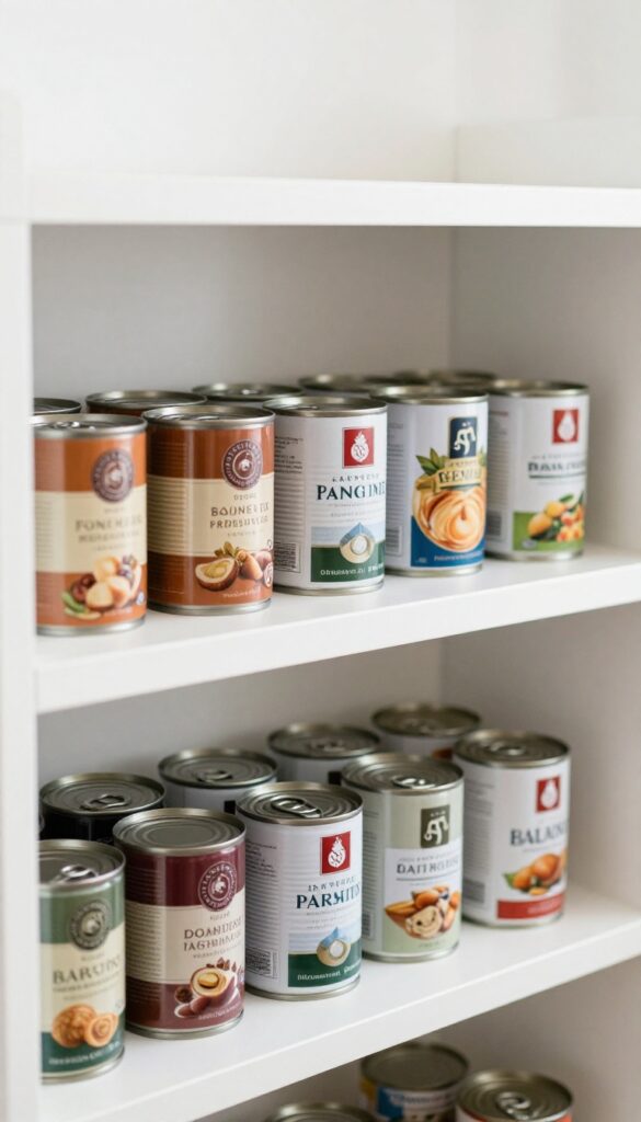 Pantry shelf with a white step shelf organizing canned goods by type, labels facing forward, bright natural light.