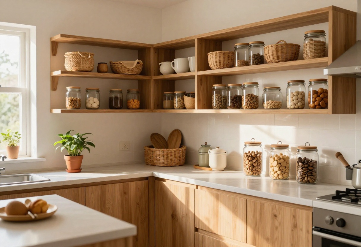 Cozy kitchen with organized cabinets featuring glass canisters and woven baskets on open shelves.